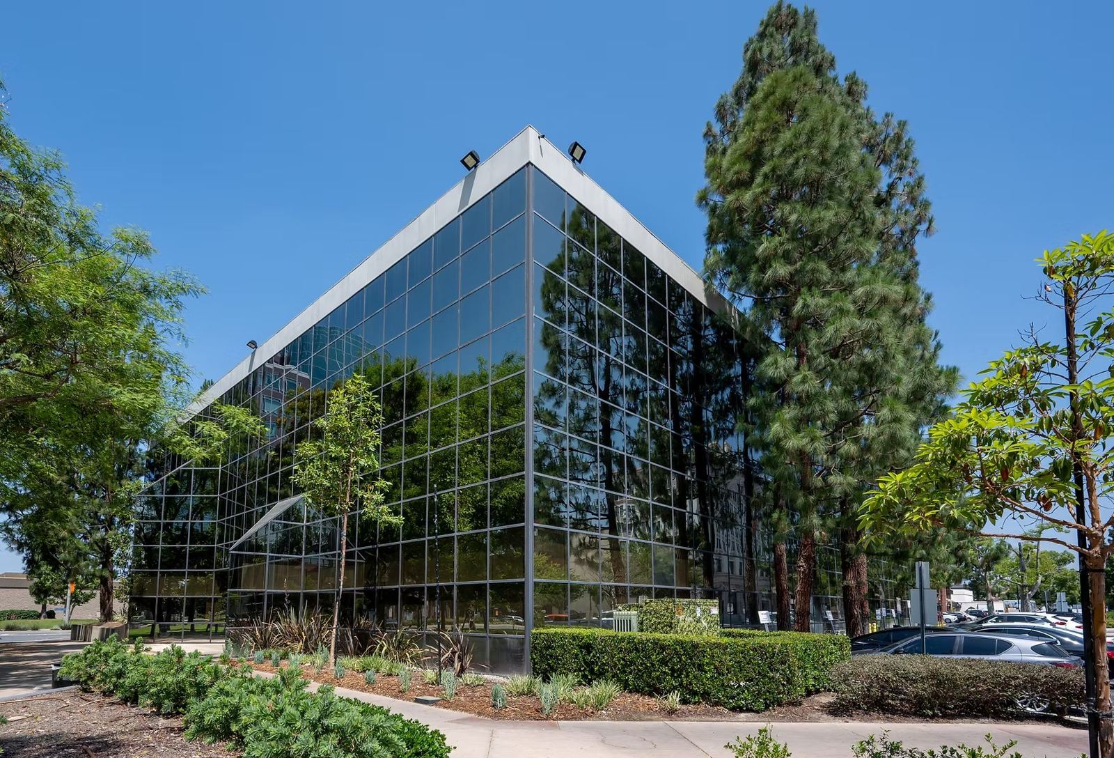 The black glass office building where OPEX Studios is located