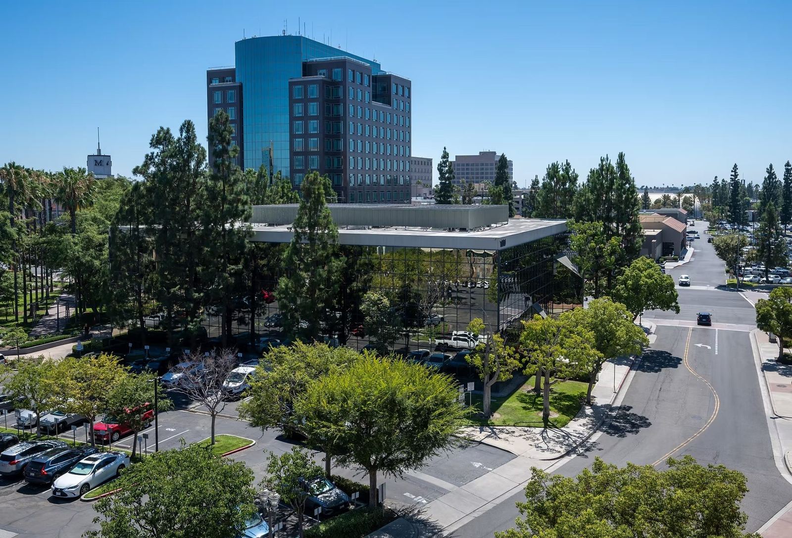 Aerial view of downtown Anaheim around the building